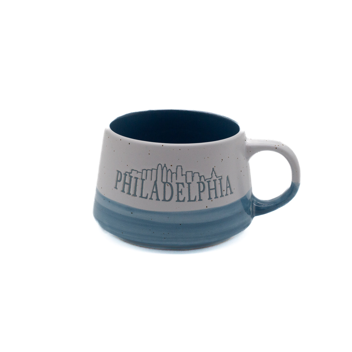 Speckled two-tone mug with blue interior, featuring the word 'Philadelphia' with an outline of the city skyline.