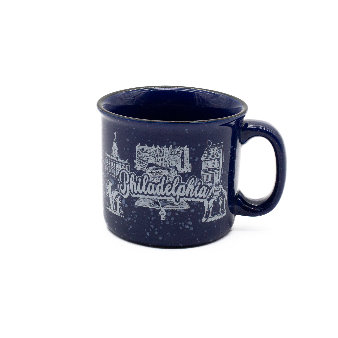 Navy blue mug with white Philadelphia-themed design on a white background