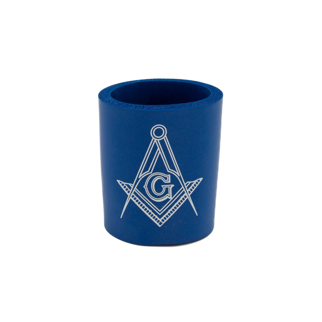 Blue can cooler with Masonic symbol on a white background