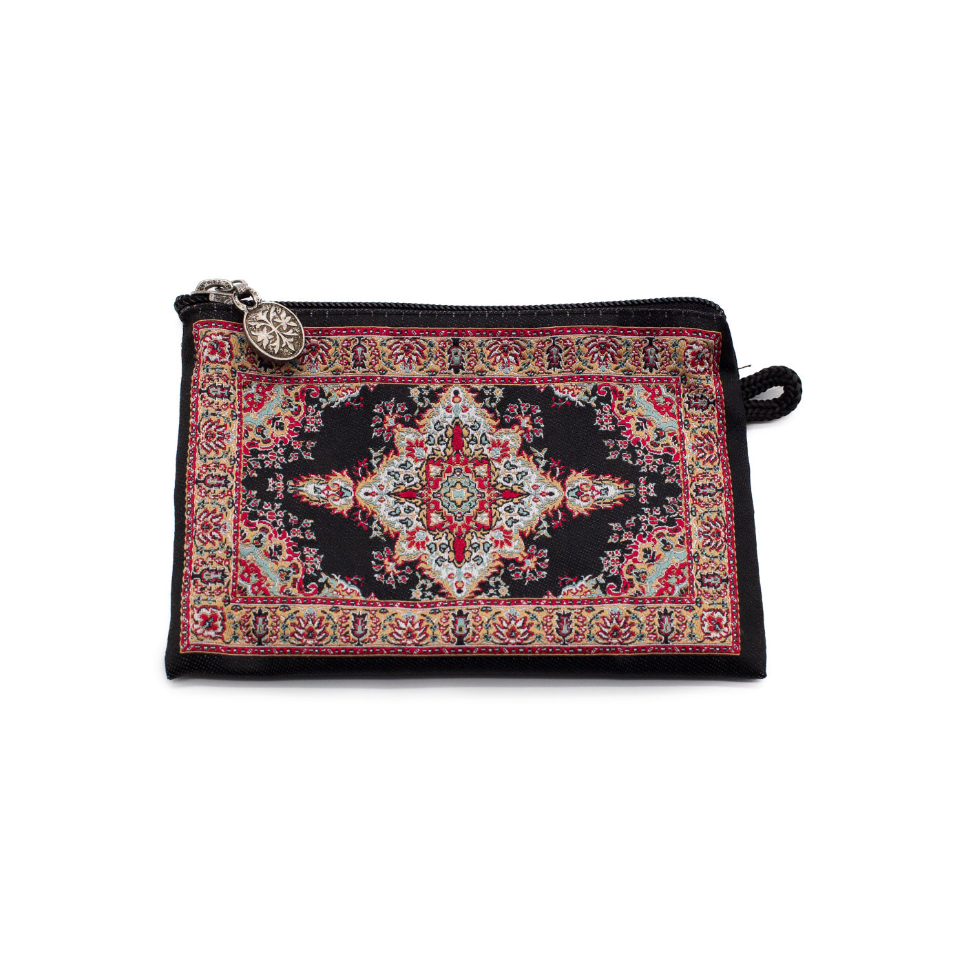 Small black pouch with intricate pattern on a white background.