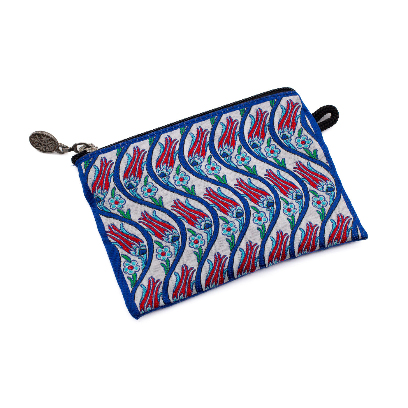 Fabric pouch with a colorful floral pattern on a white background.
