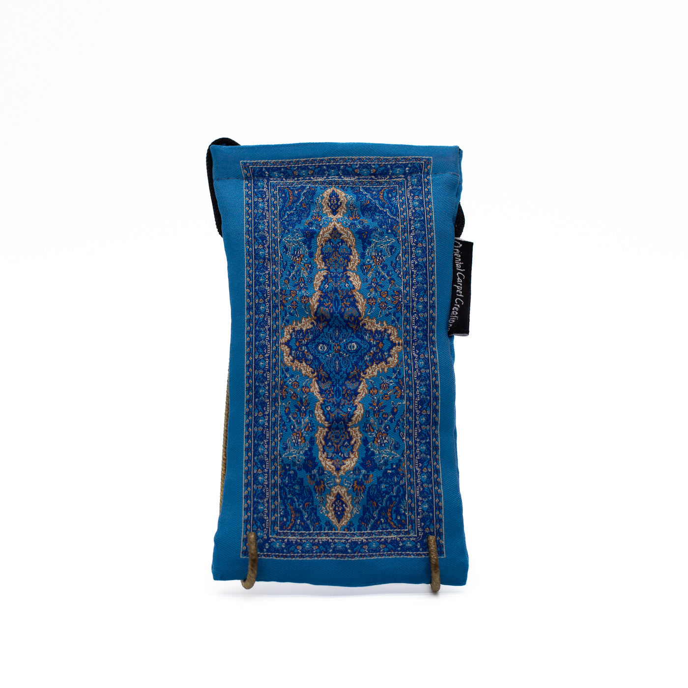 Blue patterned pouch with a decorative design on a white background