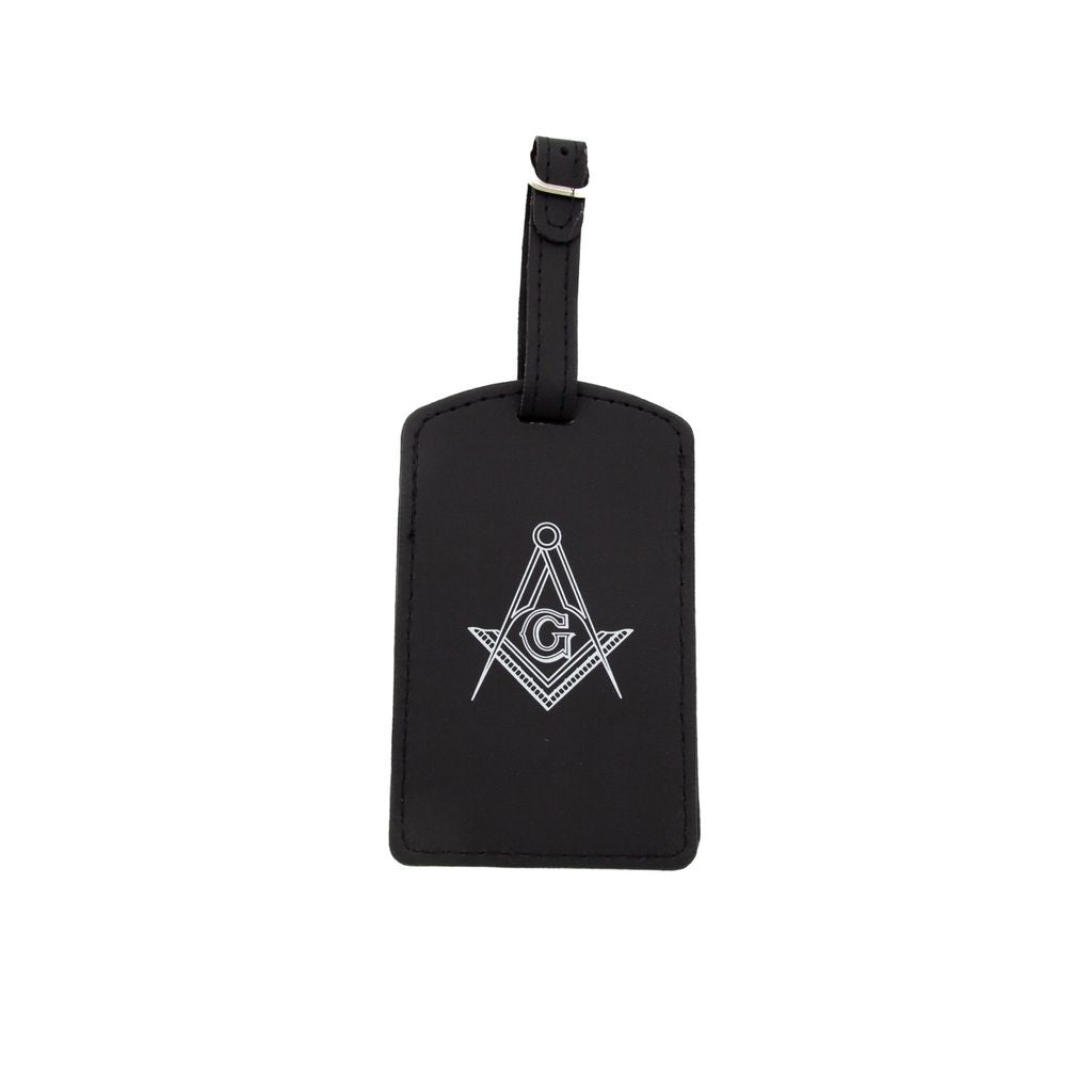 Black luggage tag with white Square and Compass on a white background