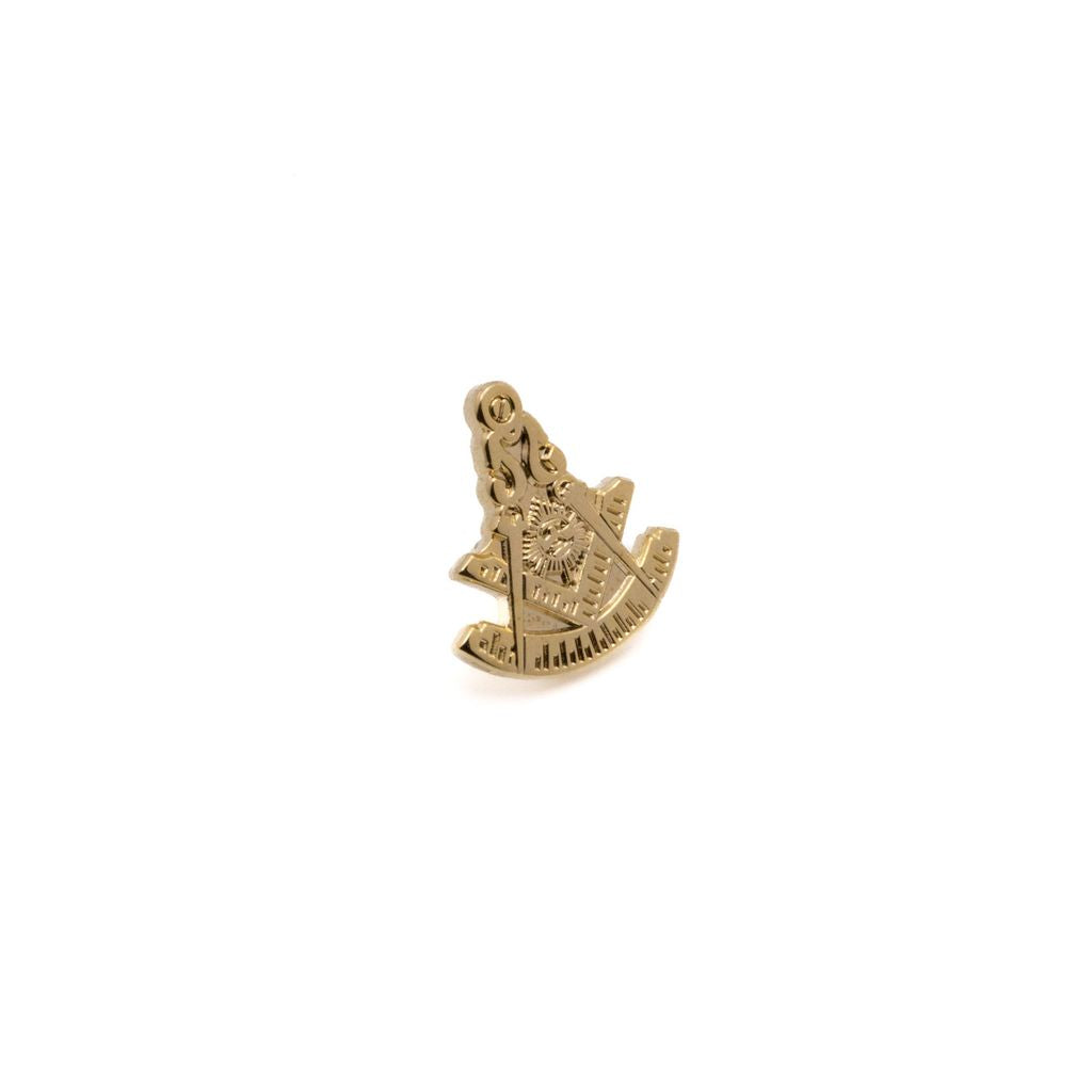 Gold ornate Square and Compass lapel pin on a white background
