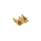 Gold lapel pin with two designs side by side- one gold star in a blue circle with gold wings and a gold Square and Compass with a blue center.