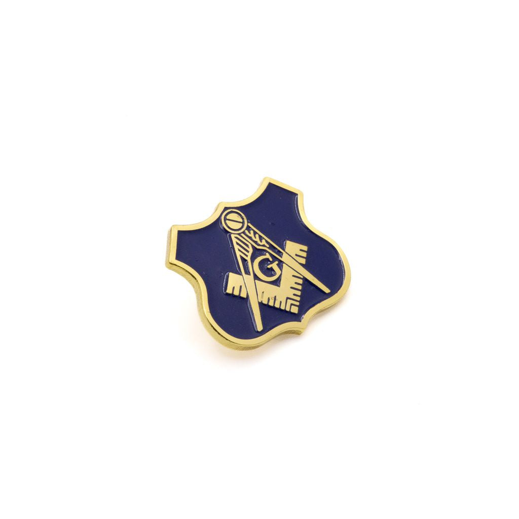Gold Square and Compass on a blue and gold shield-shaped lapel pin against a white background