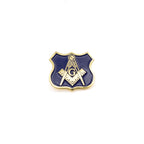 Gold Square and Compass on a blue and gold shield-shaped lapel pin against a white background