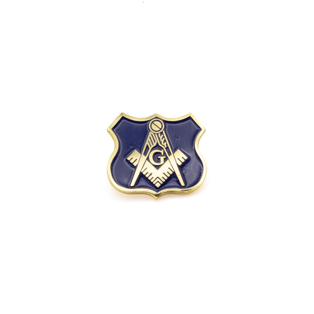 Gold Square and Compass on a blue and gold shield-shaped lapel pin against a white background