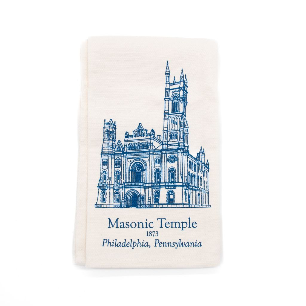 Rectangular off-white towel with blue illustration of Masonic Temple and text on a white background