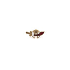 Pin with a red sword design on a white background