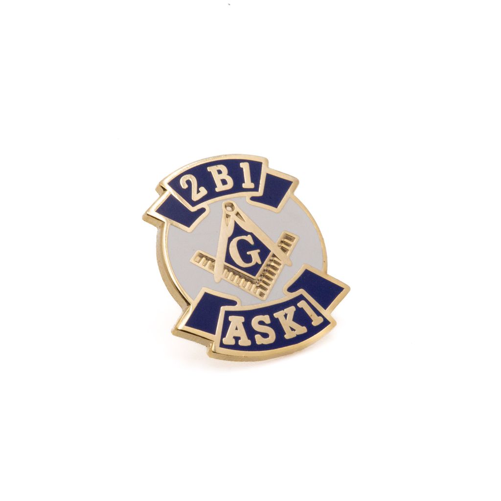Masonic-themed badge with '2B1 ASK1' text and Square and Compass on a white background