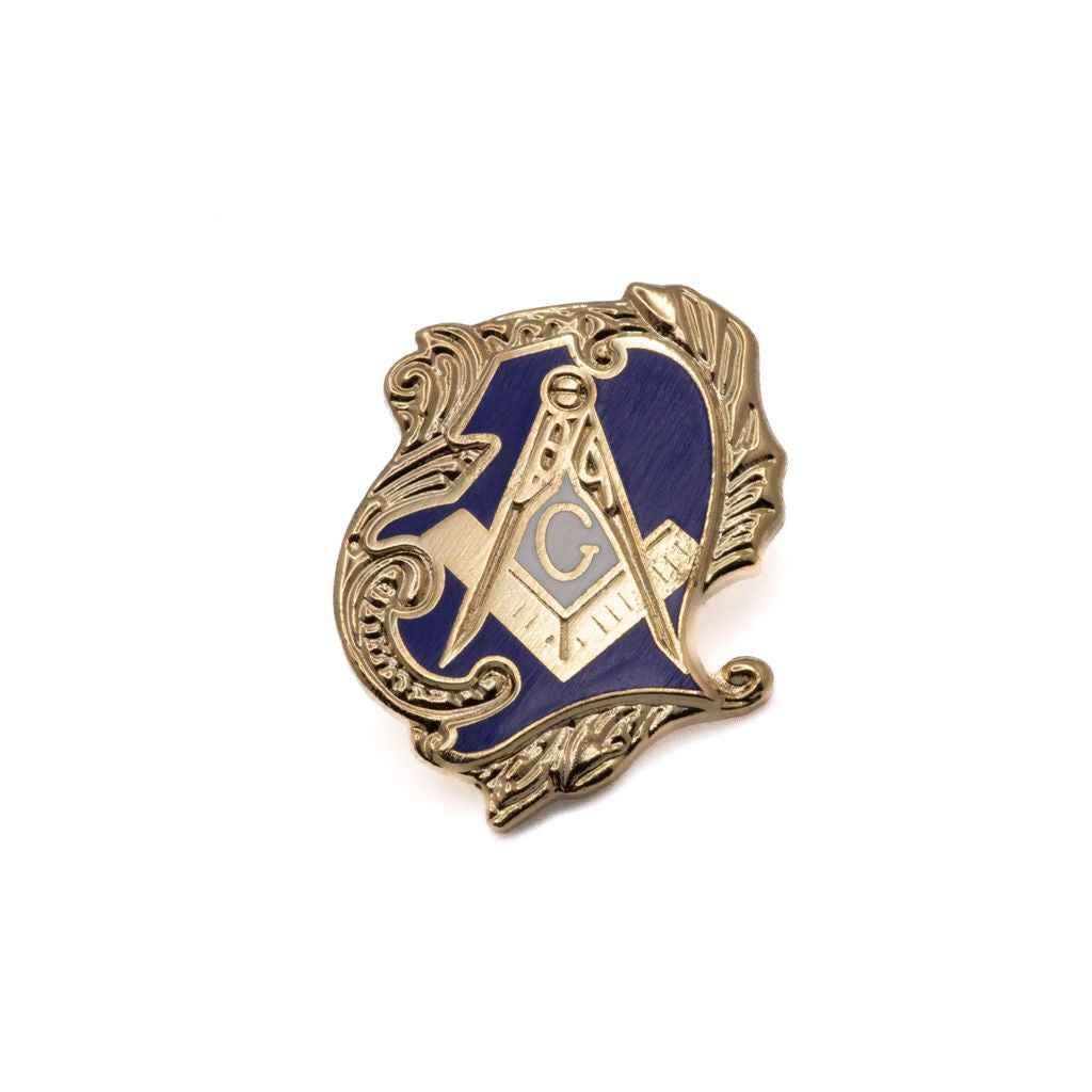 Decorative Masonic emblem with gold square and compass on a blue center and gold border on a white background