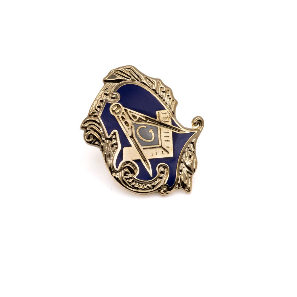 Masonic Square and Compass lapel pin with blue center and gold border on a white background