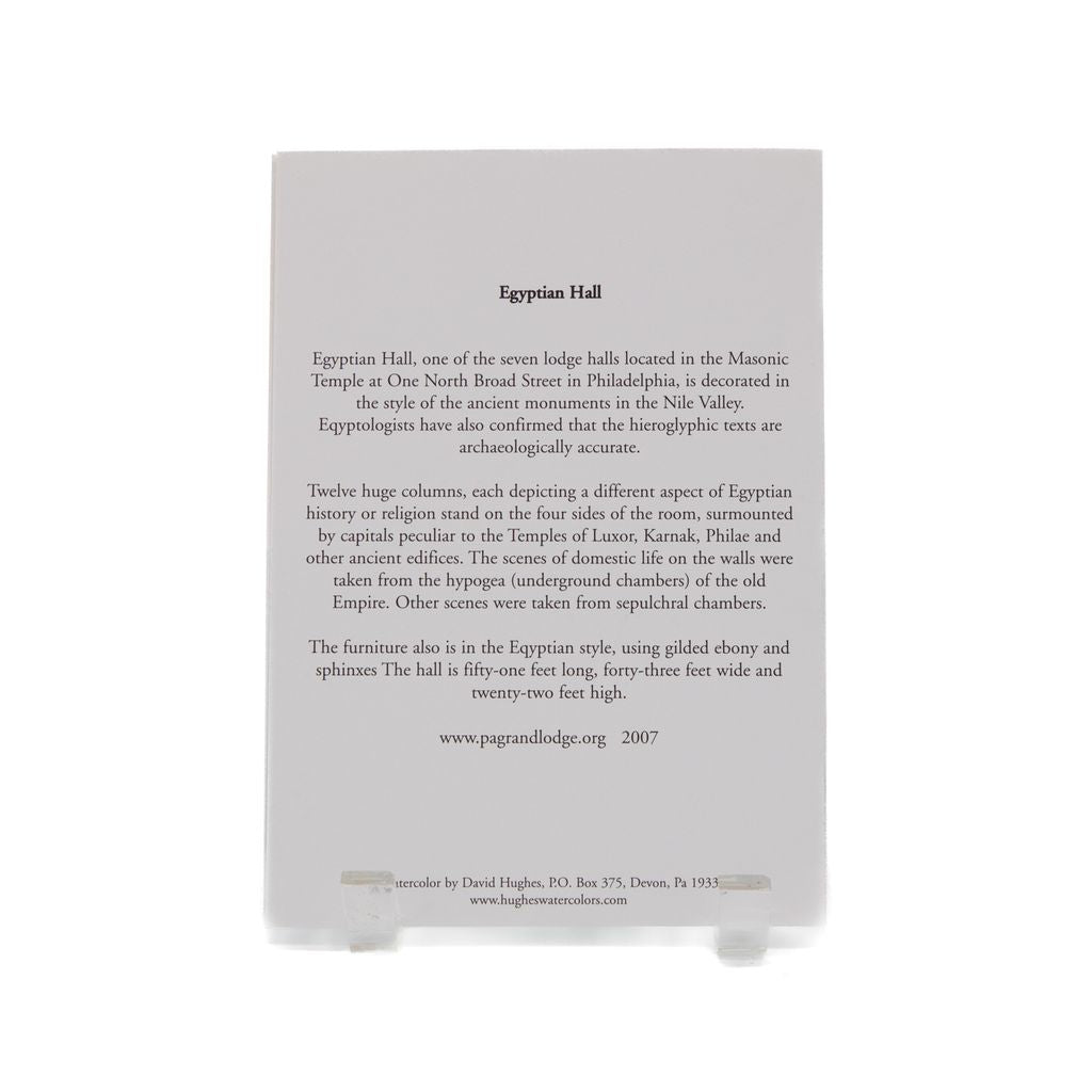 Notecard with text about Egyptian Hall in the Masonic Temple.