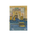 Artistic depiction of Egyptian-themed lodge room with yellow chairs and pillars. 