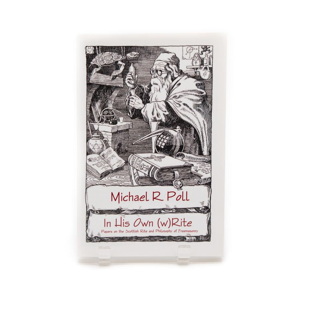 Book with a black and white illustration of a man working in ancient looking workshop and text reading "In His Own (w)Rite," on a white background