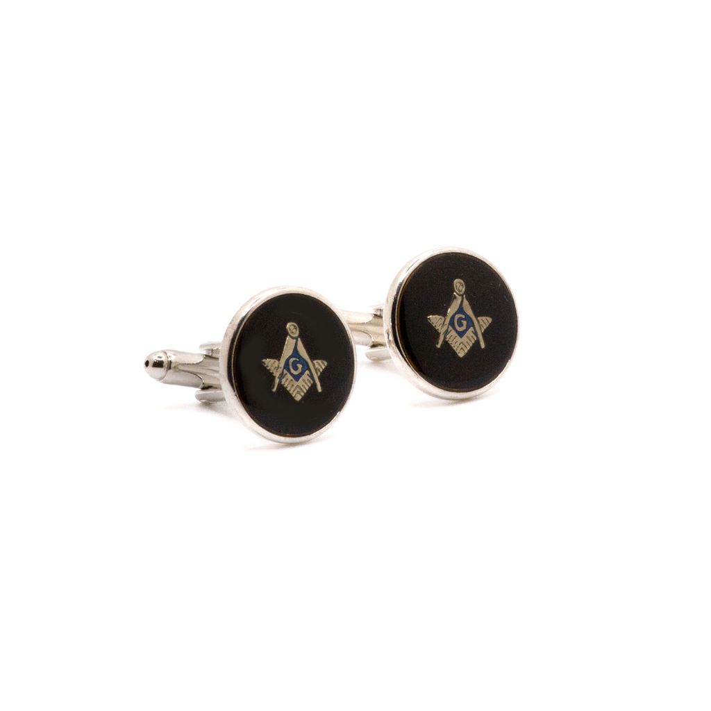 Masonic cufflinks with black and silver Square and Compass design on a white background