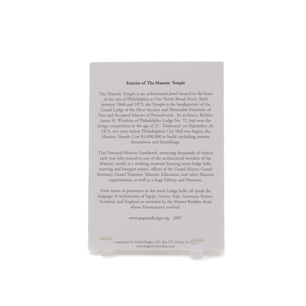 Notecard with text about the Masonic Temple on a white background