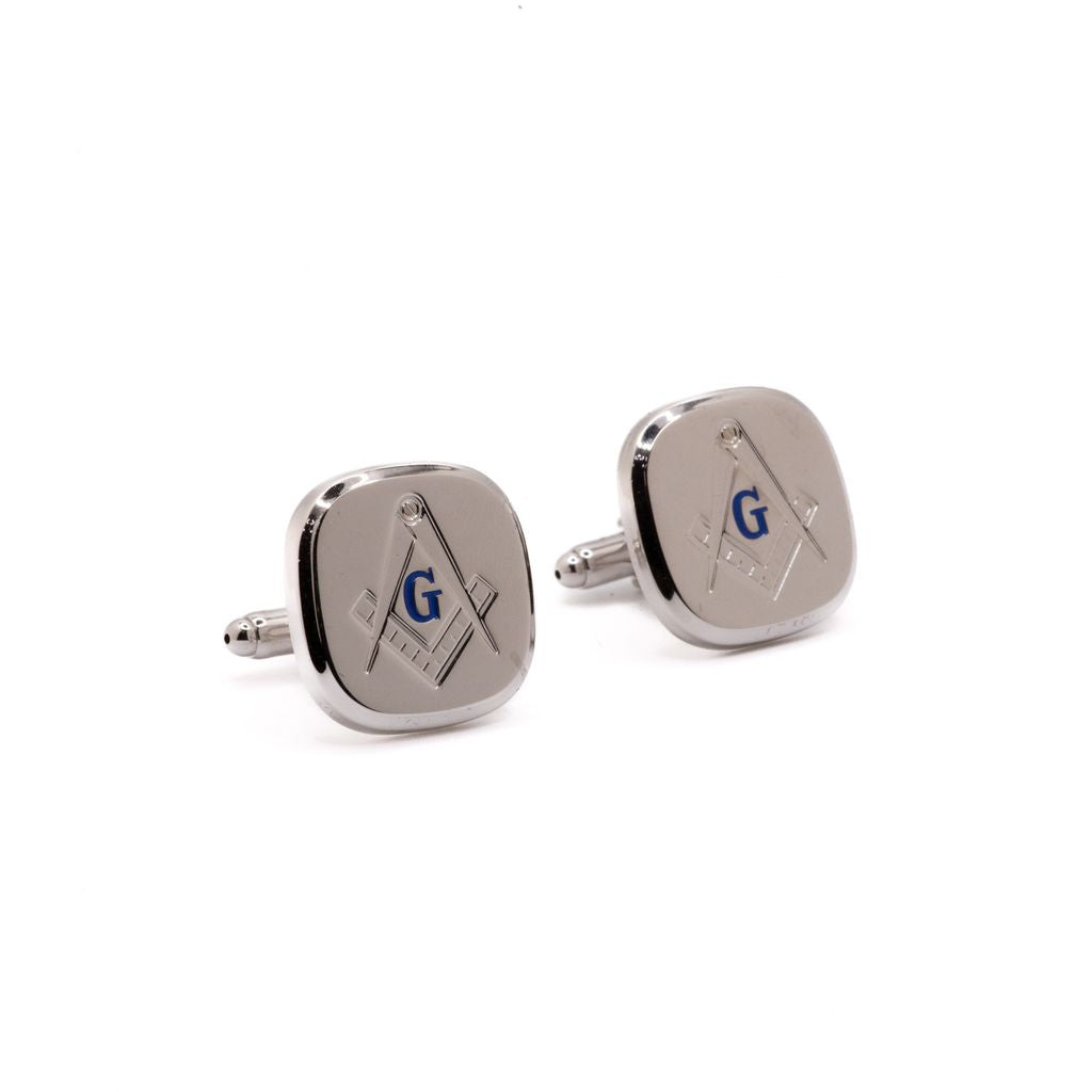 Silver Masonic cufflinks with Square and Compass and blue G on a white background
