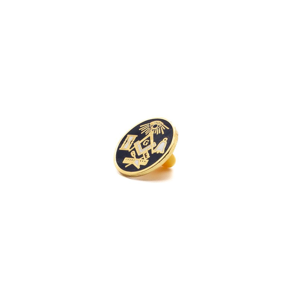 Lapel pin featuring Masonic symbols with Square and Compasses at the center. The pin has gold and white accents on a dark background.