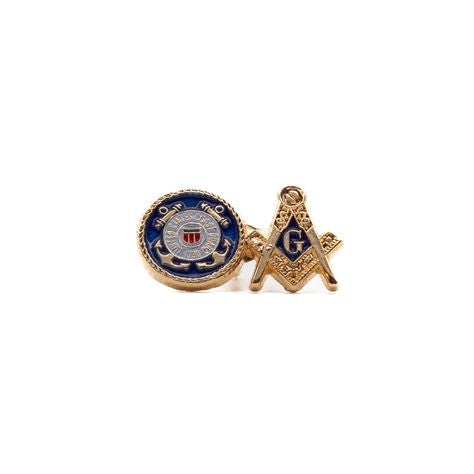 Side-by-side Coast Guard and Square and Compasses emblems on gold-tone lapel pin. 