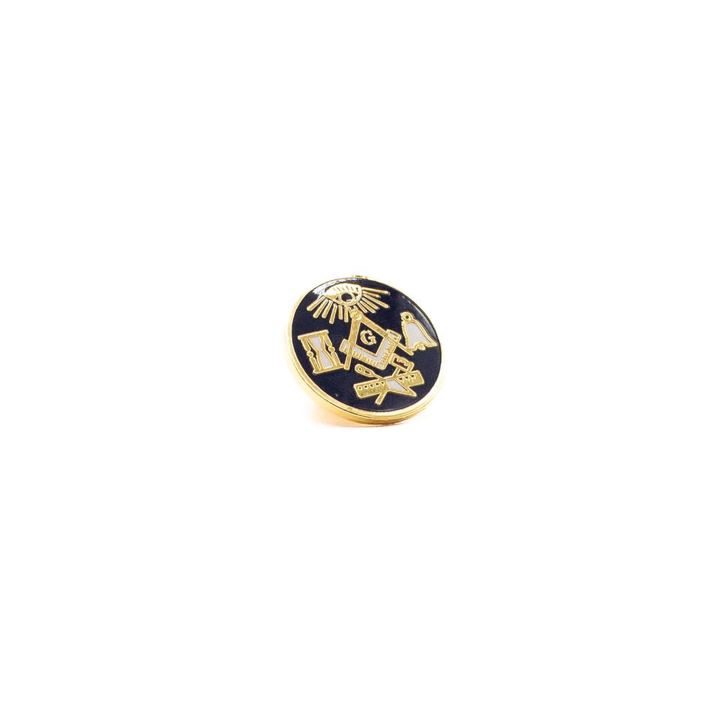 Lapel pin featuring Masonic symbols with Square and Compasses at the center. The pin has gold and white accents on a dark background.