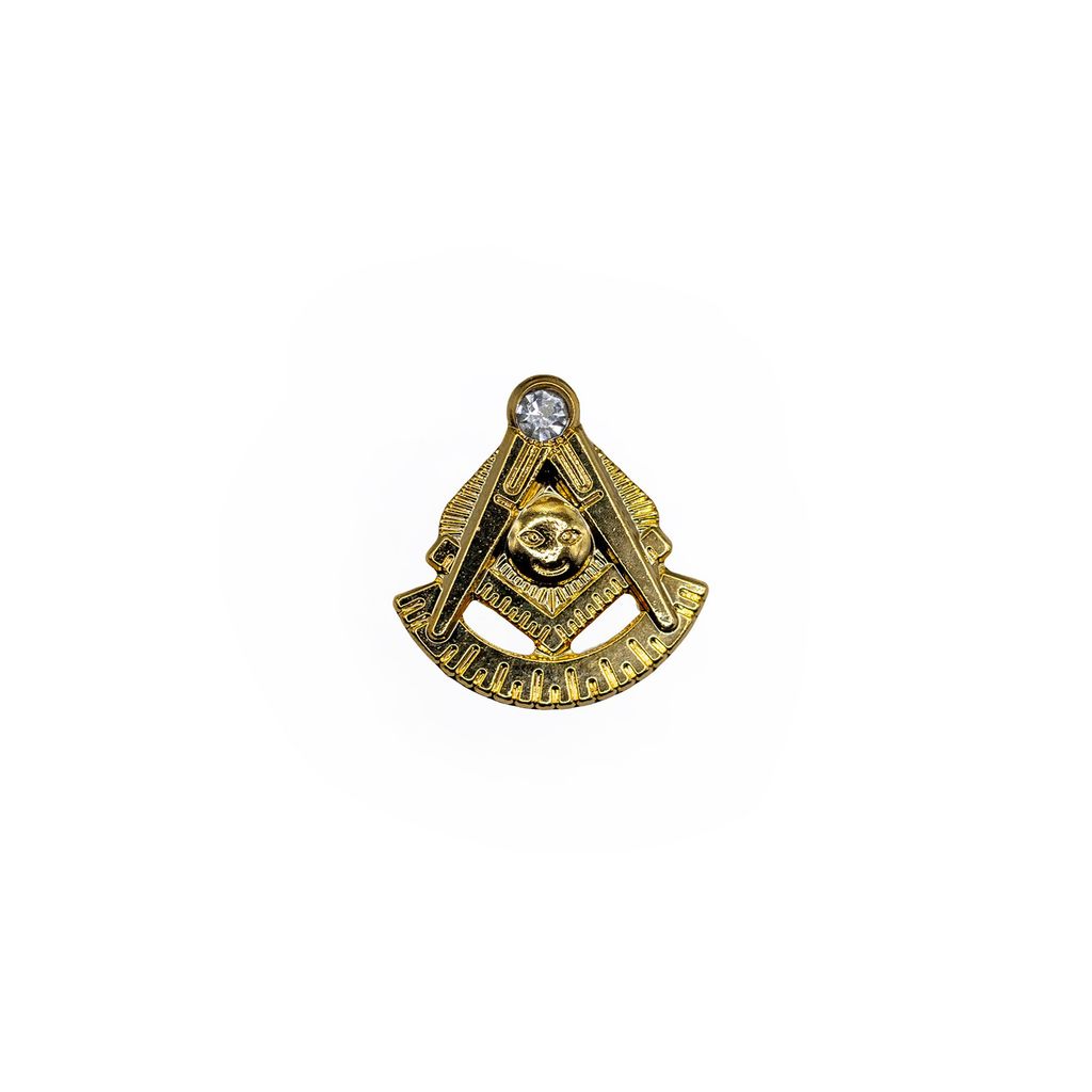 Goldtoned Past Master Masonic symbol pin on a white background.