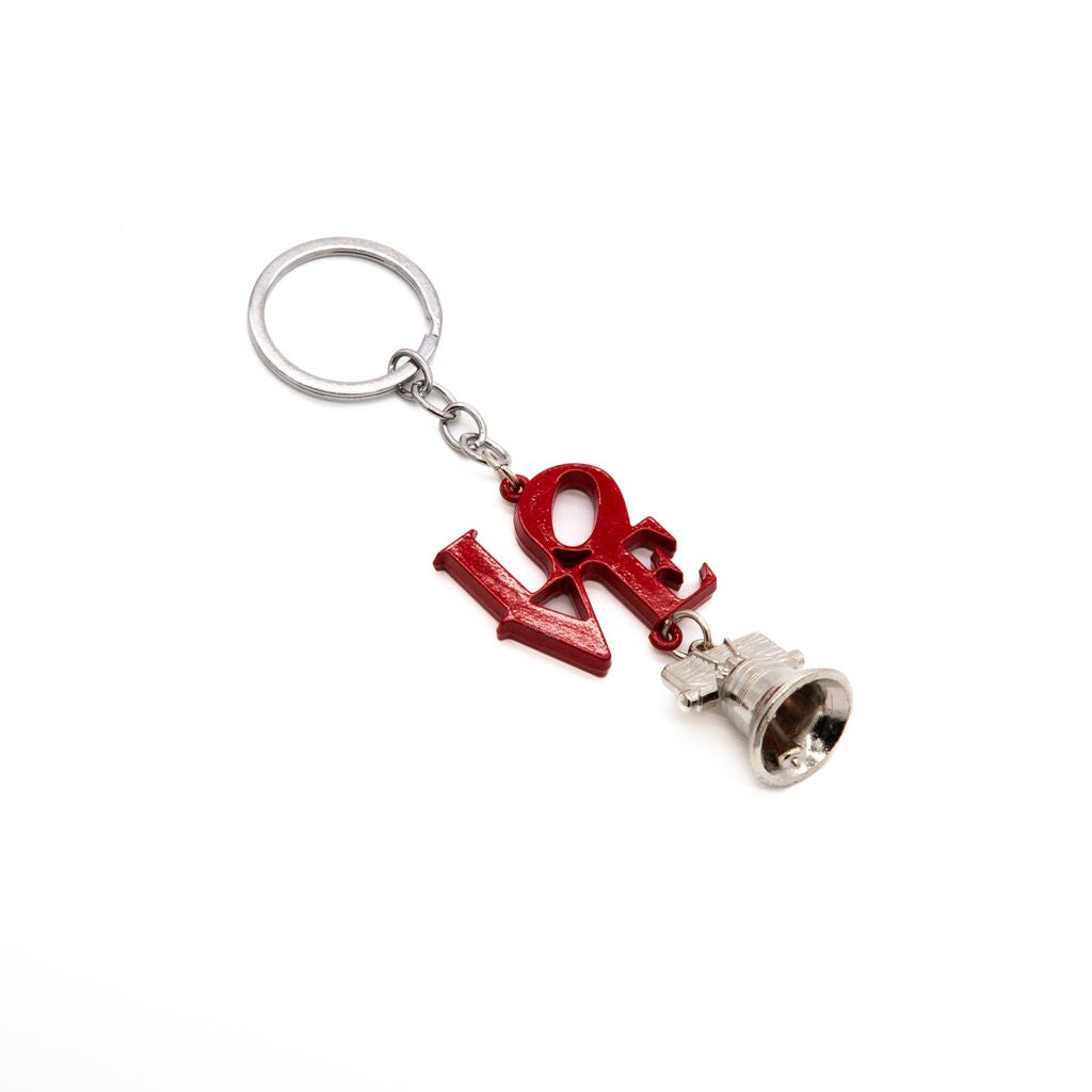 Keychain with red 'LOVE' charm and silver bell on a white background