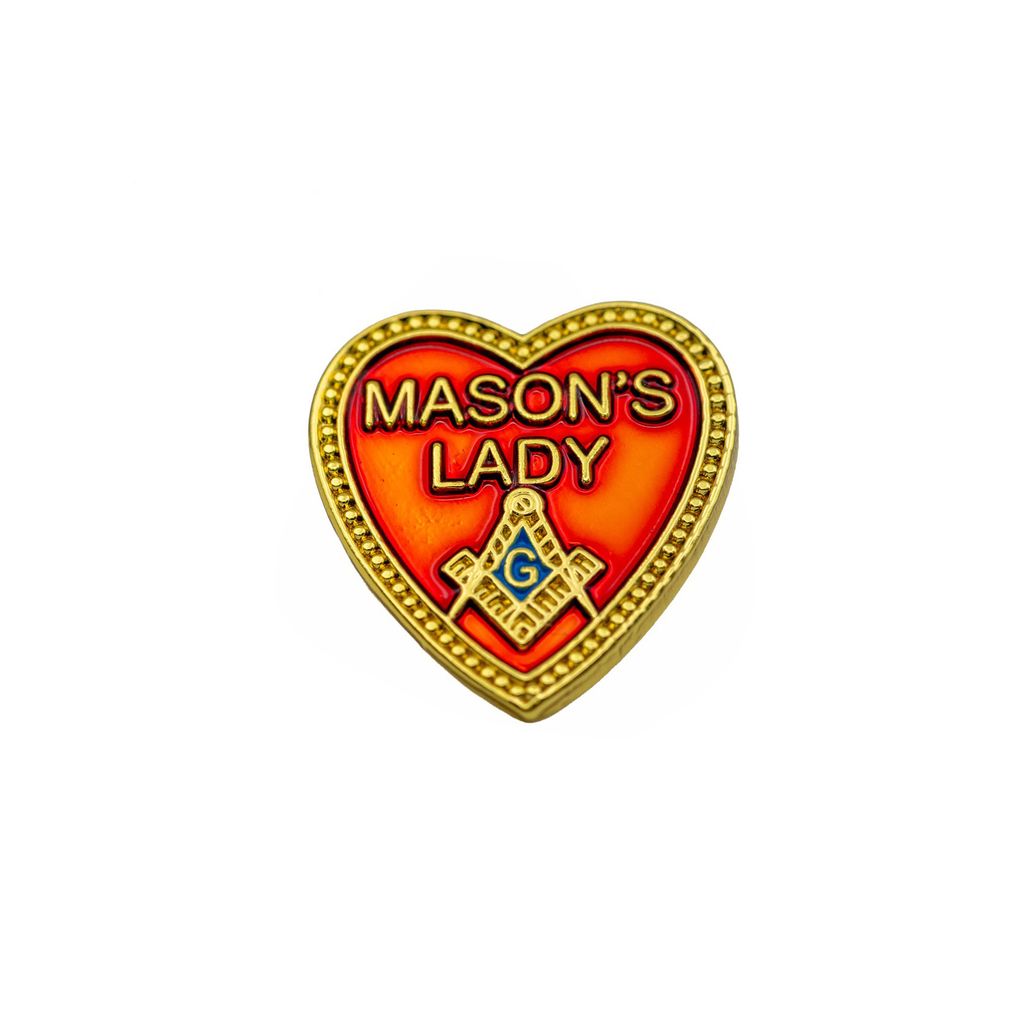 Heart-shaped pin with 'Mason's Lady' text and Masonic Square and Compasses on a white background.