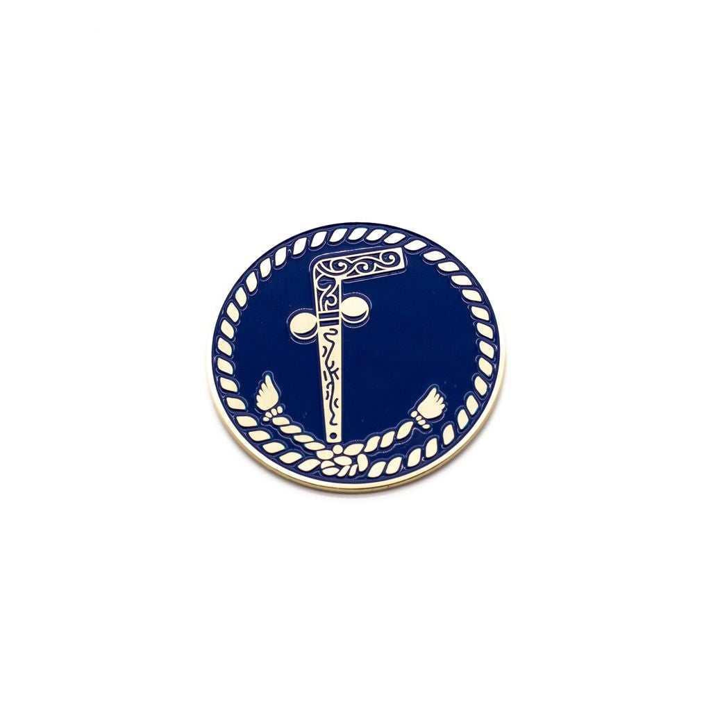 Blue auto emblem with two balls and cane illustration.