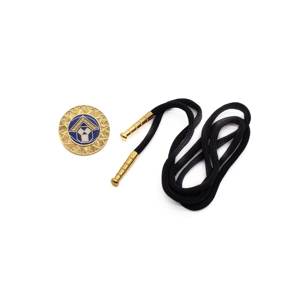 Gold and blue Past Master emblem on a white background