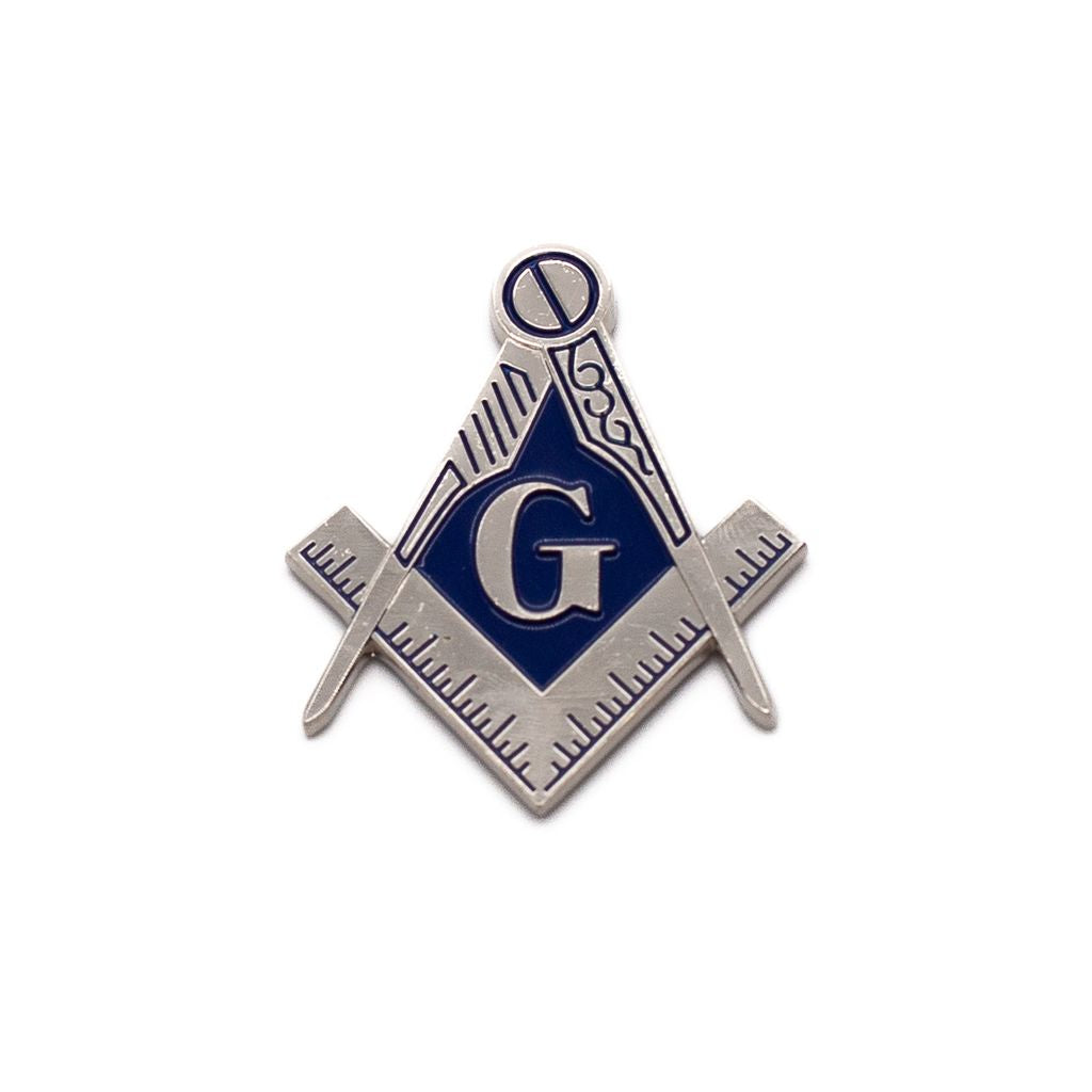 Silver-tone and blue Masonic symbol with square and compasses auto emblem on a white background.