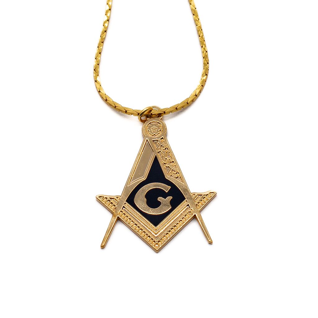 Gold-colored Masonic Square and Compasses pendant on a white background.