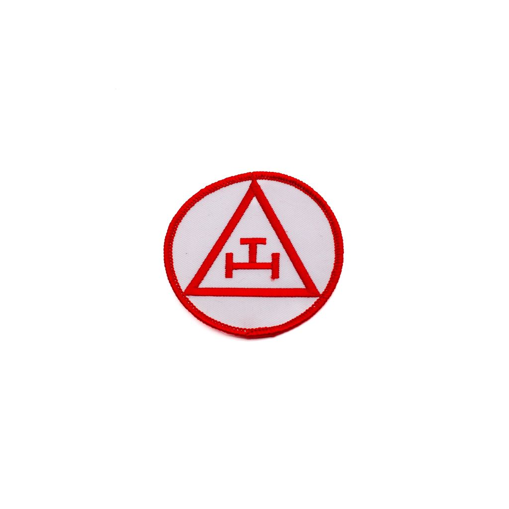 Circular patch with a red border and white center with a red triangle design on a white background.