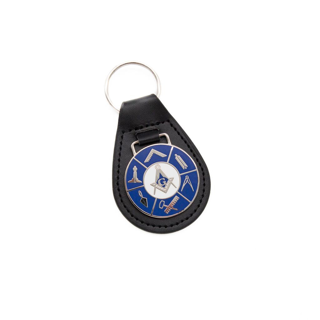 Black leather keychain with Masonic symbols on a white background
