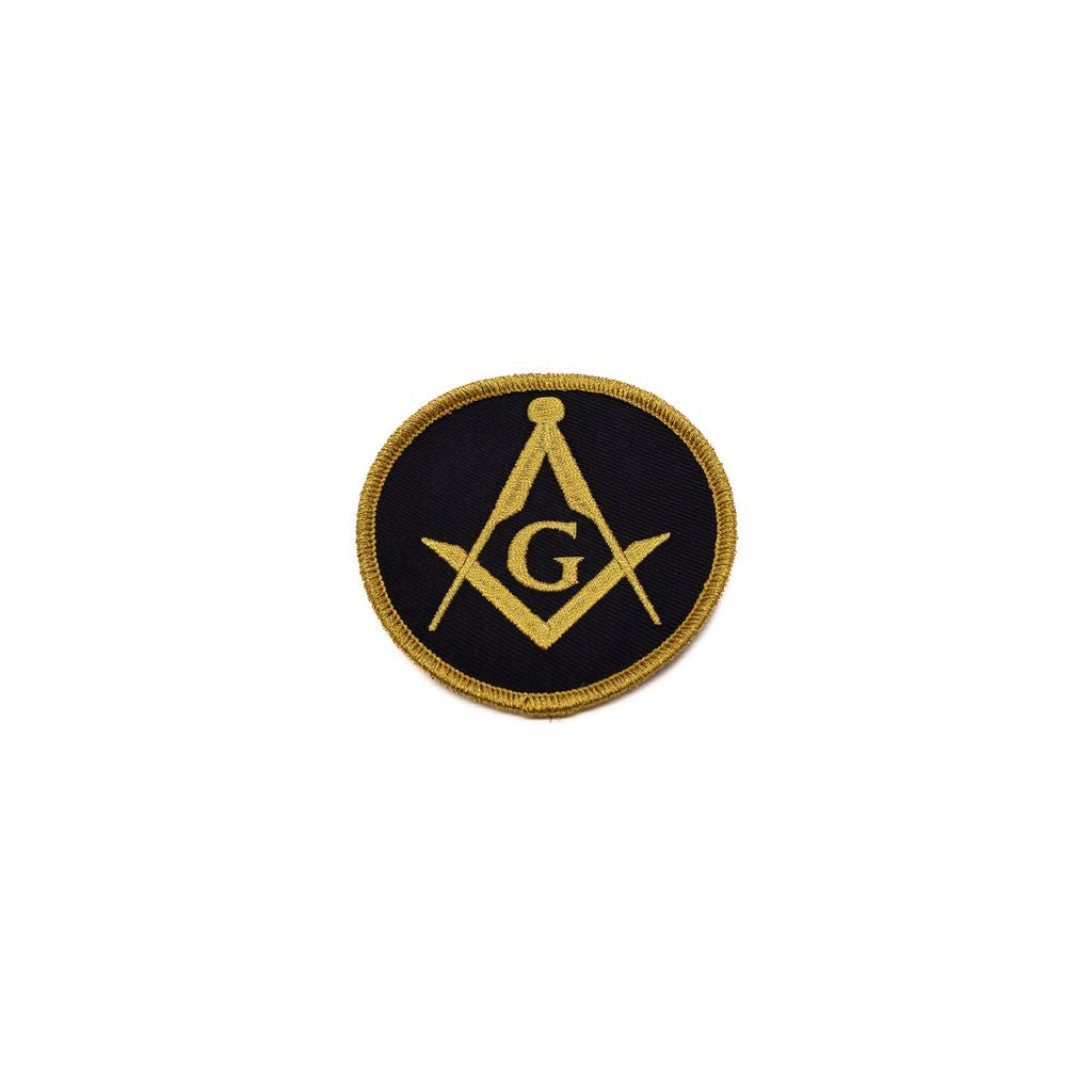 Masonic symbol patch with gold Square and Compasses design on a black background.