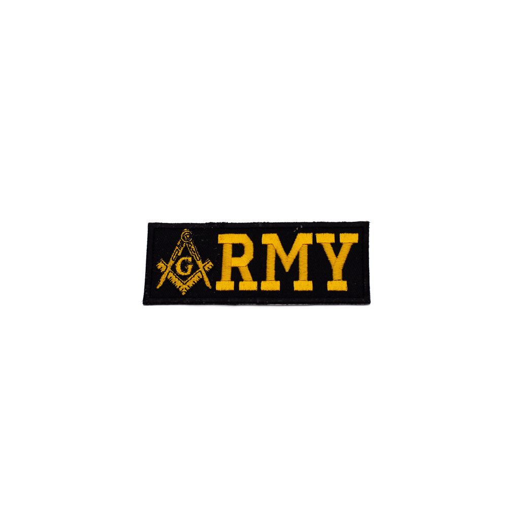 Black patch with yellow 'ARMY' text and Square and Compasses on a white background.