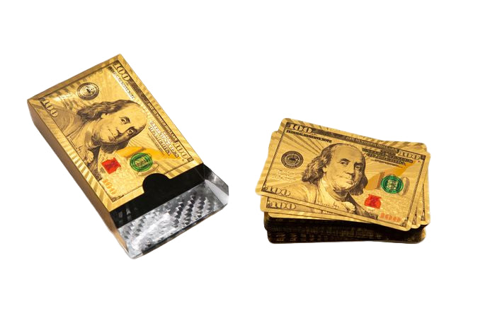 Gold cards and open card box with $100 bill design.