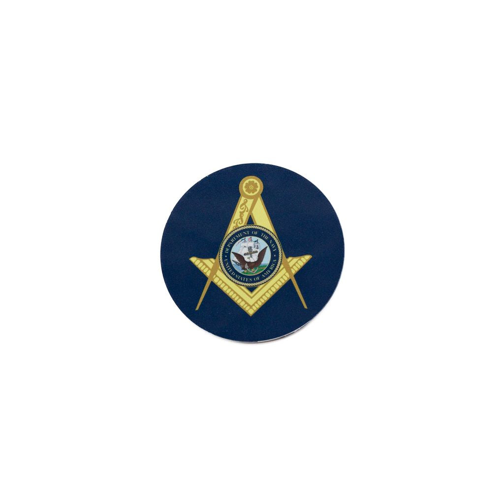 U.S. Navy insignia on a gold colored Square and Compasses on a blue rounded background.