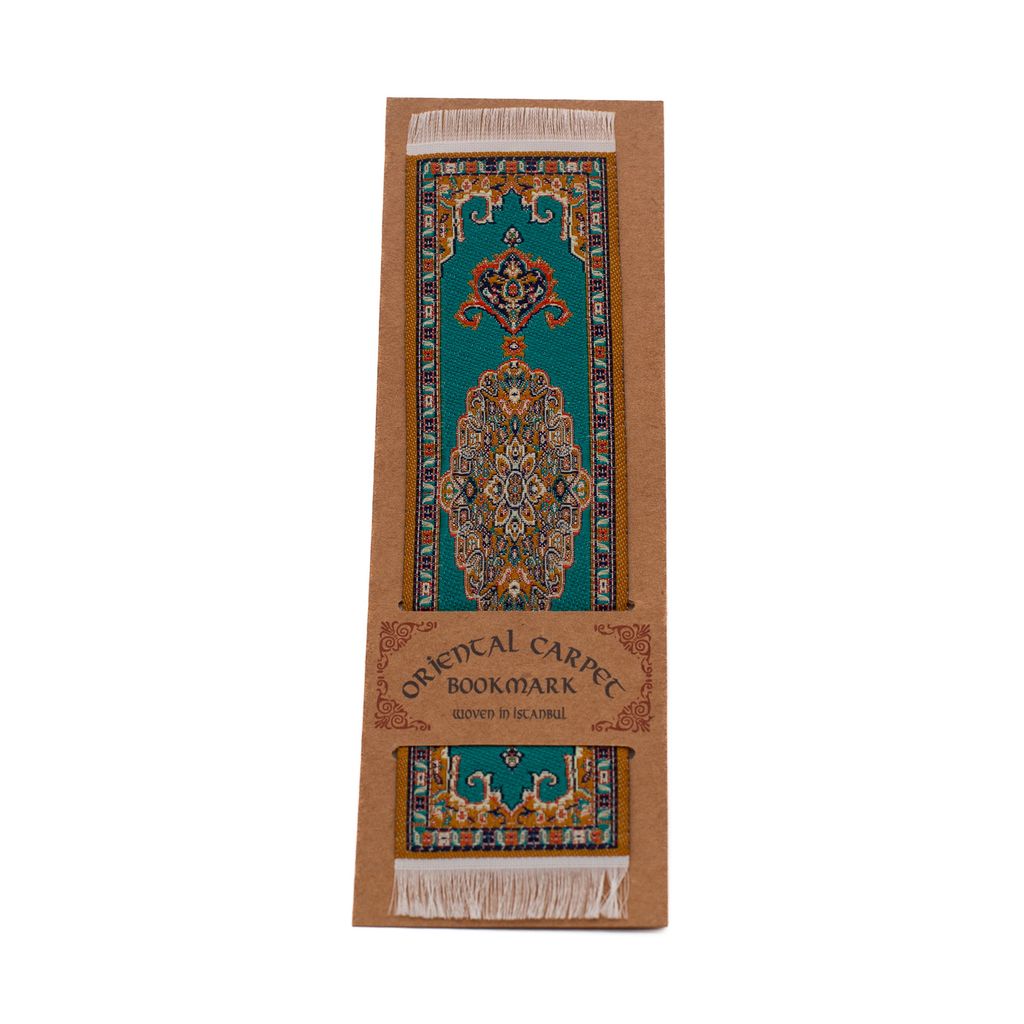 Decorative bookmark with a teal and tan oriental carpet design on a white background.