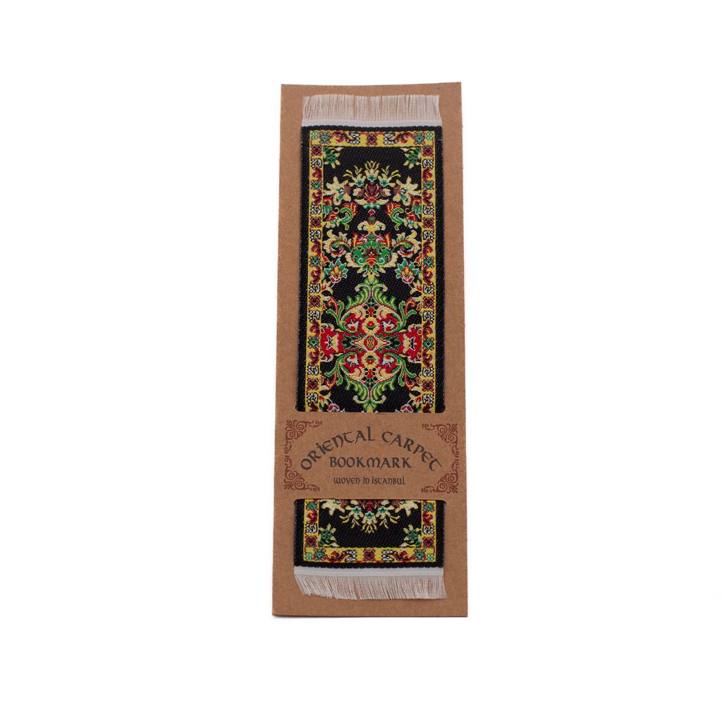 Decorative bookmark with a black and yellow oriental carpet design on a white background.