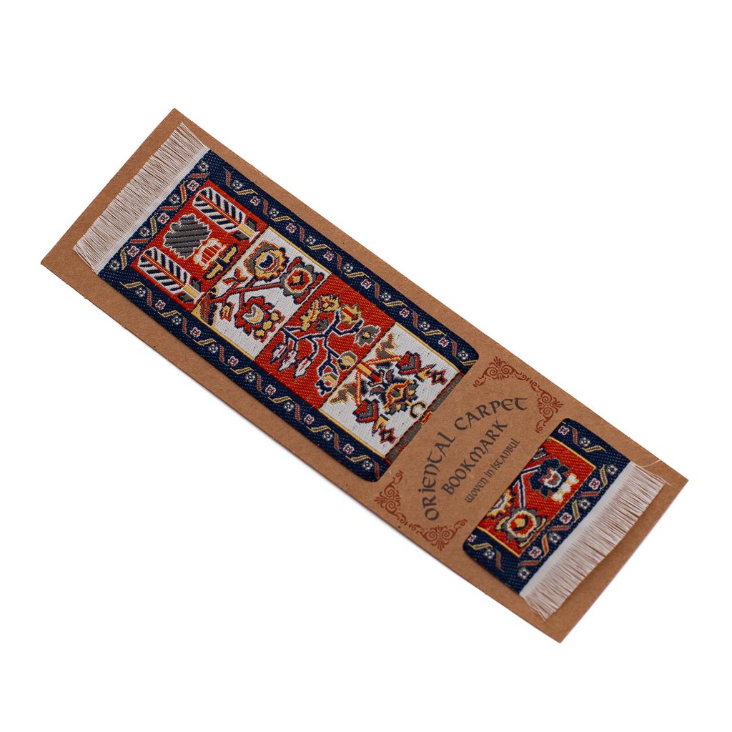 Decorative bookmark with a navy, red and white oriental carpet design on a white background.