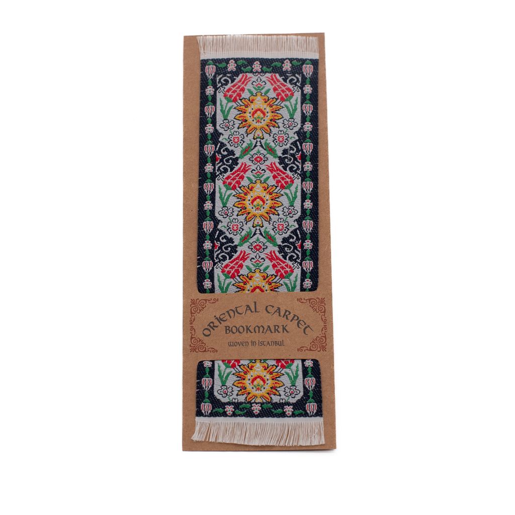 Decorative bookmark with a floral oriental carpet design on a white background.