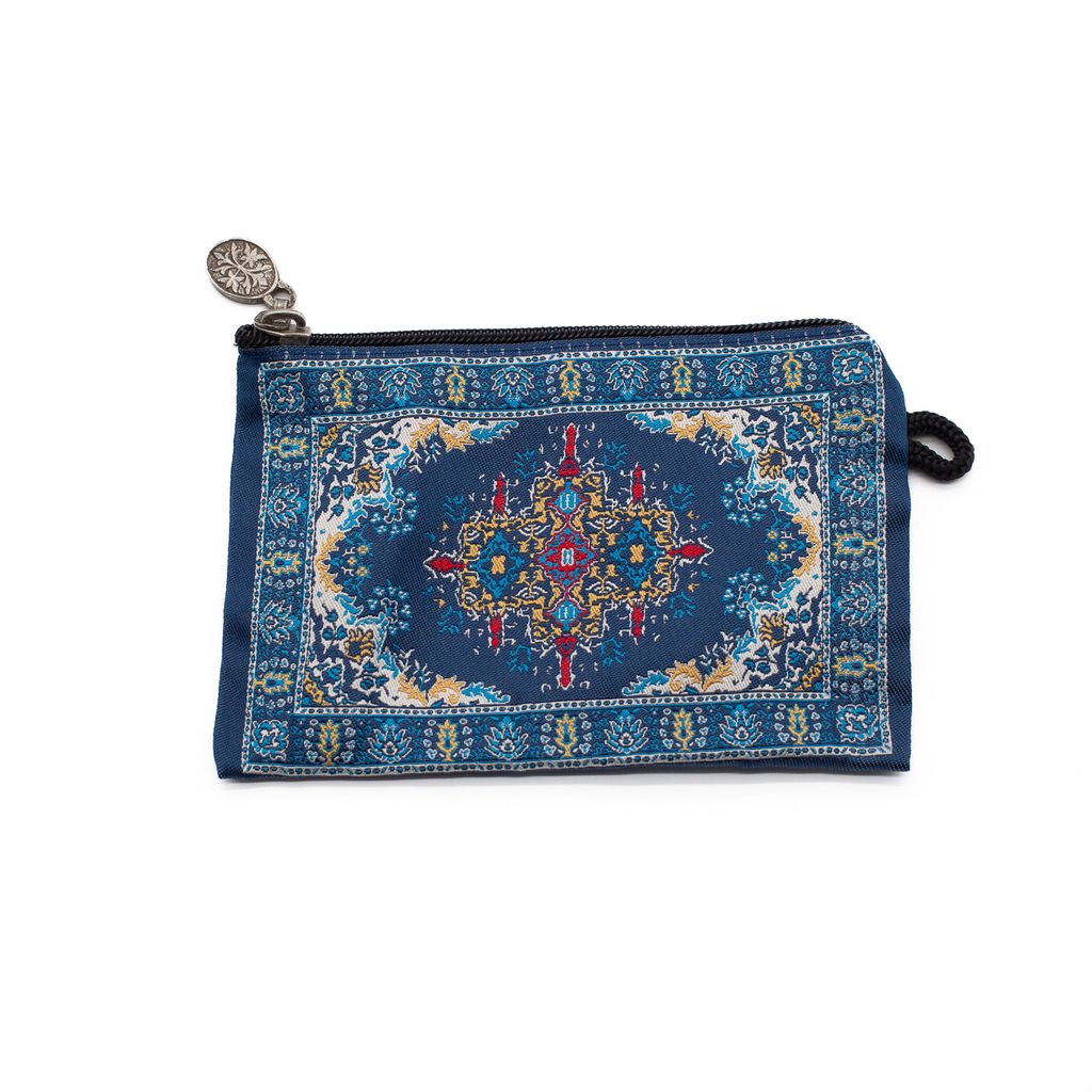 Blue patterned pouch with a zipper on a white background