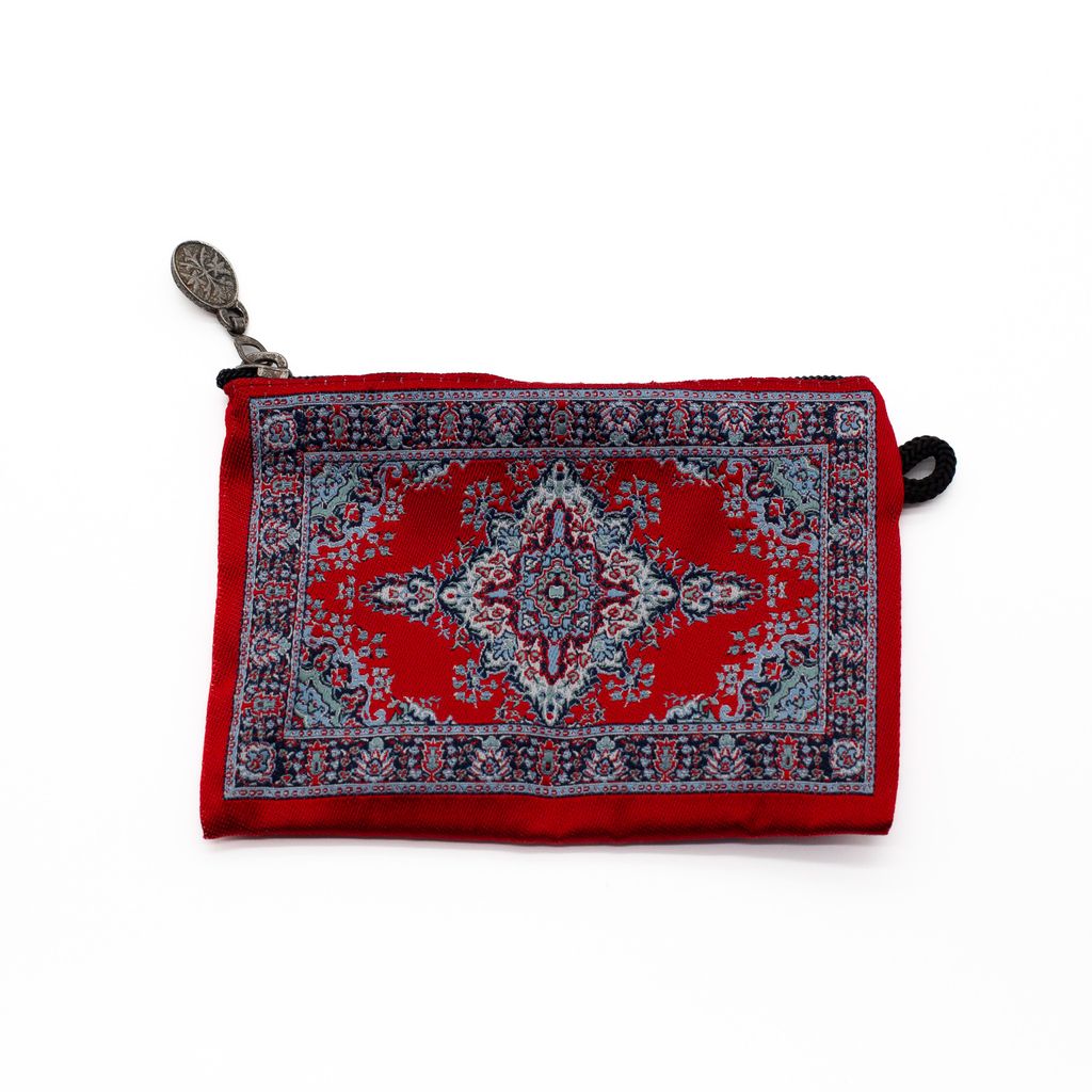Red patterned pouch with zipper on a white background
