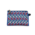Fabric pouch with a colorful floral pattern on a white background.