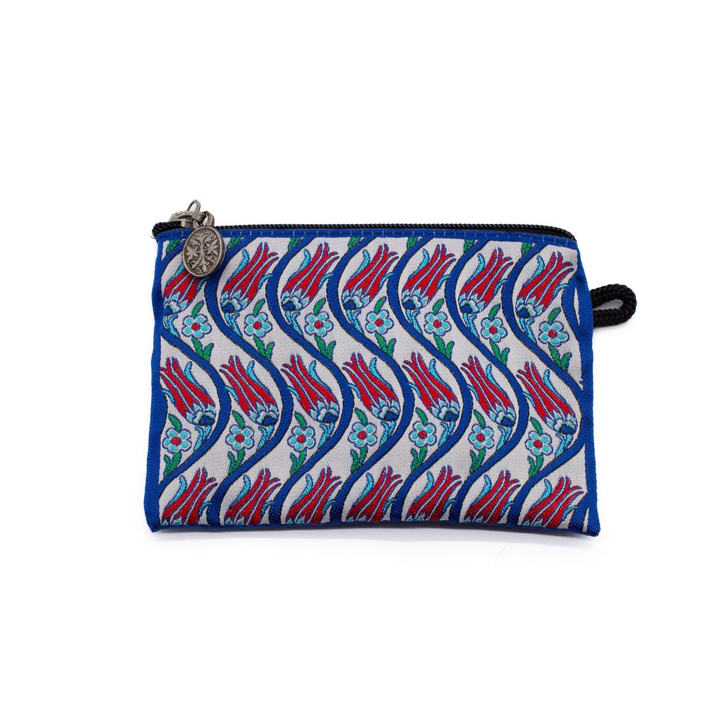Fabric pouch with a colorful floral pattern on a white background.