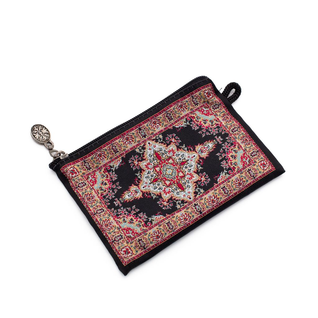 Small black pouch with intricate pattern on a white background