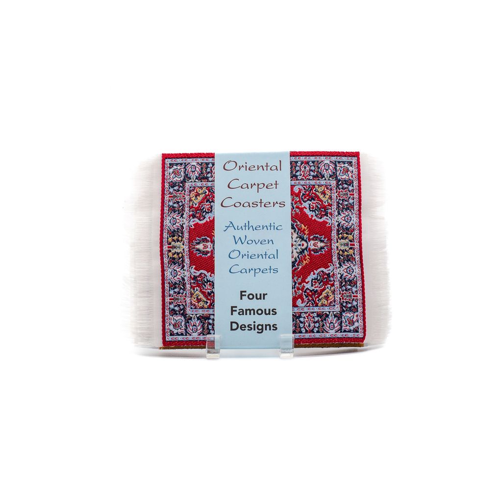 Set of red oriental carpet coasters wrapped in blue decorative packaging on a white background