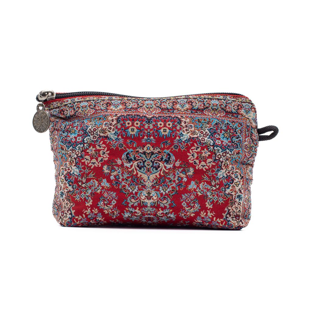 Red and blue patterned pouch with a zipper on a white background